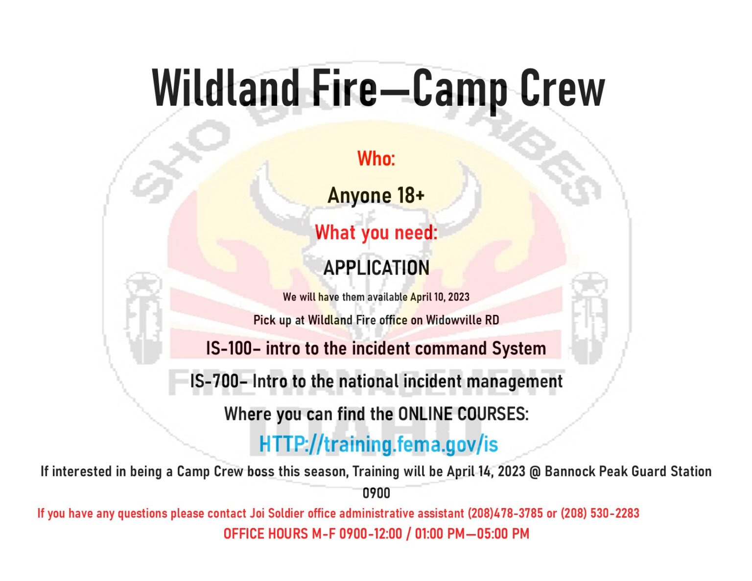 New Job Announcement - Wildland Fire Camp Crew | Shoshone-Bannock Tribes
