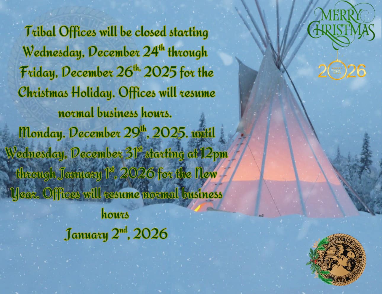Featured image for “Tribal Office Closed December 24th and 25th, January 1st”