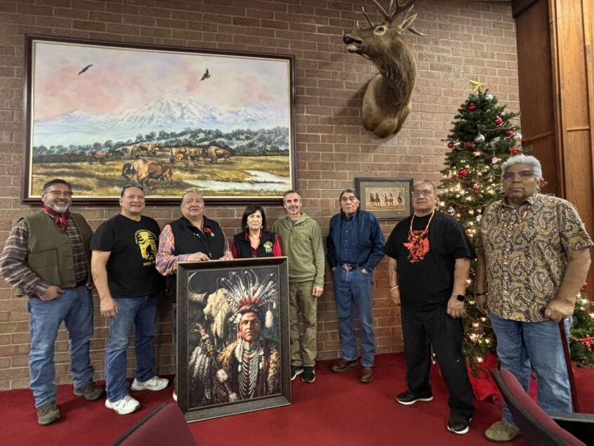he Fort Hall Business Council was presented with a new portrait of a young Chief Pocatello by local artist Tal Sampson on December 18 in the Council Chambers. (Roselynn Yazzie photos)