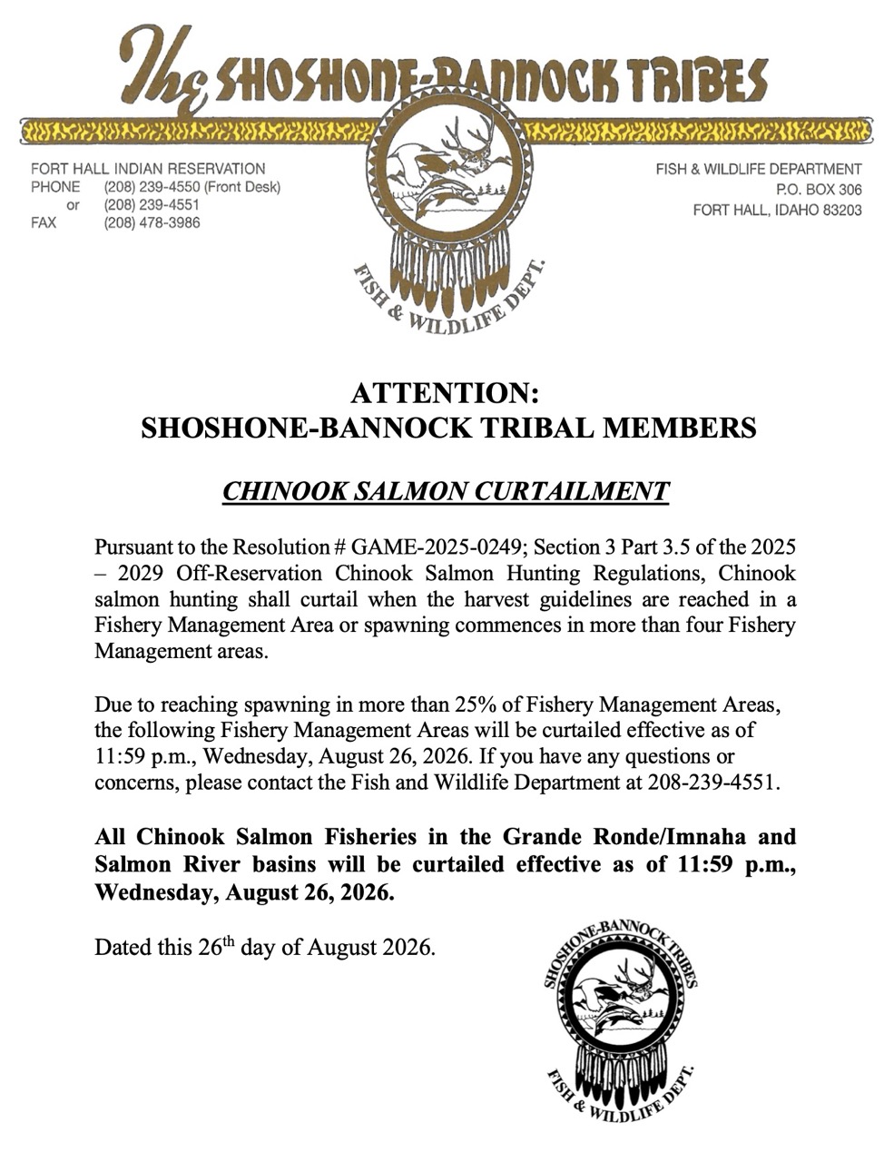 Featured image for “SHOSHONE-BANNOCK TRIBAL MEMBERS, CHINOOK SALMON CURTAILMENT”