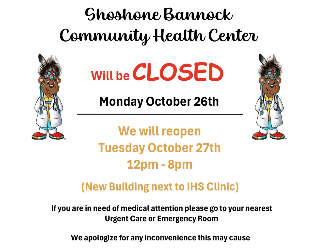 Featured image for “Shoshone-Bannock Community Health Center closed October 26th”