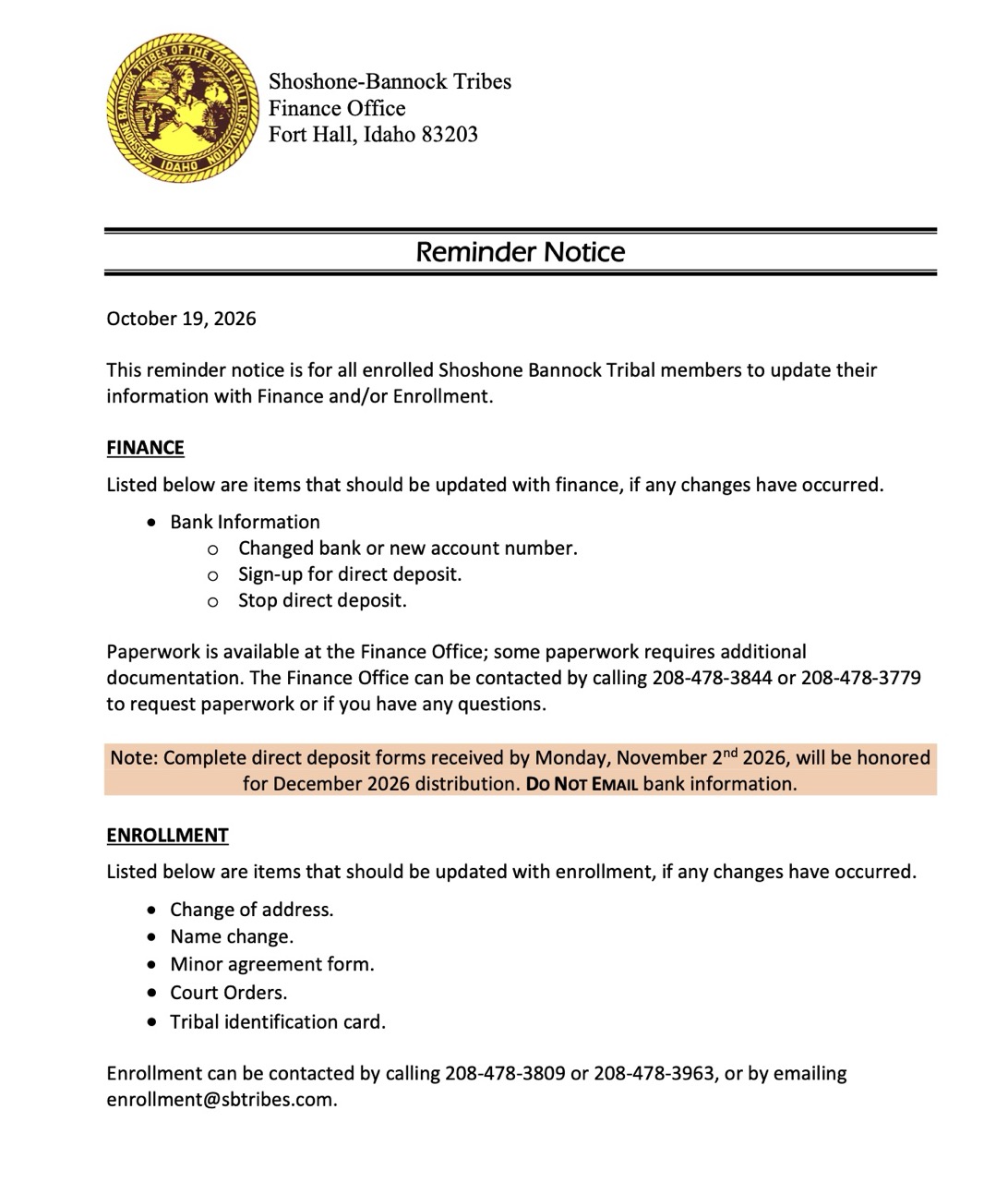 Featured image for “Tribal Member Notice: Update financial information before November 2nd, 2026”